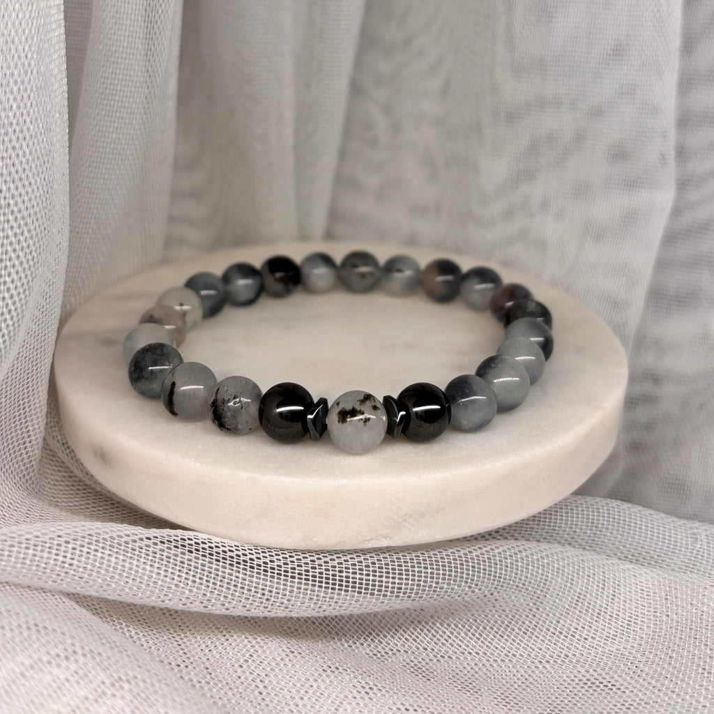 Armband aus natürlichen Edelsteinen - Grauer Jade mit Hämatit
