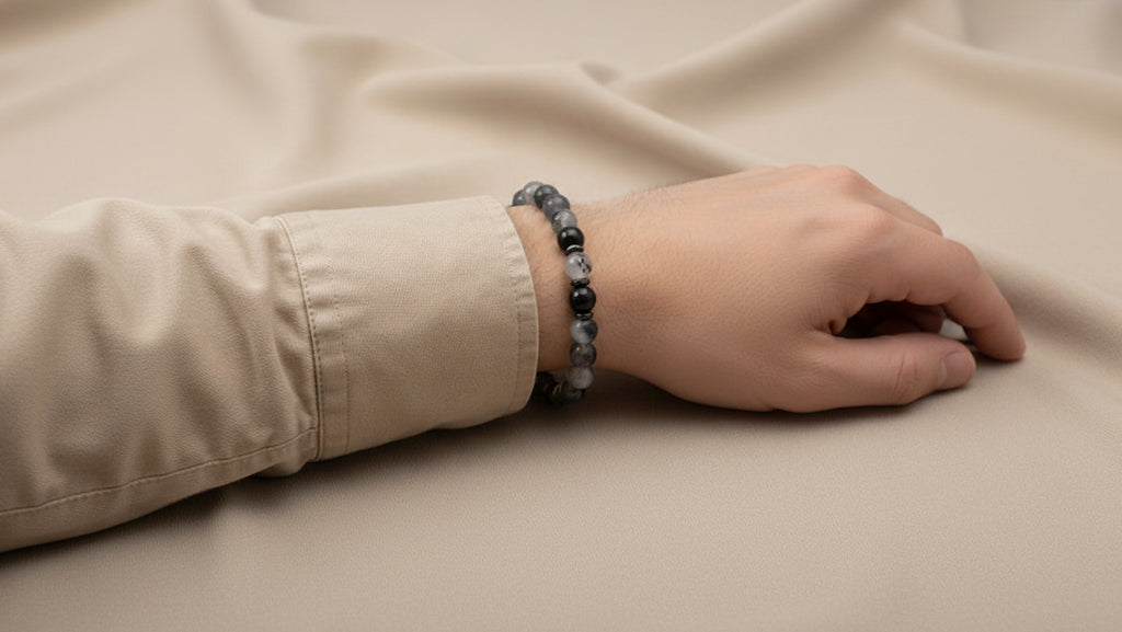 Armband aus natürlichen Edelsteinen - Grauer Jade mit Hämatit