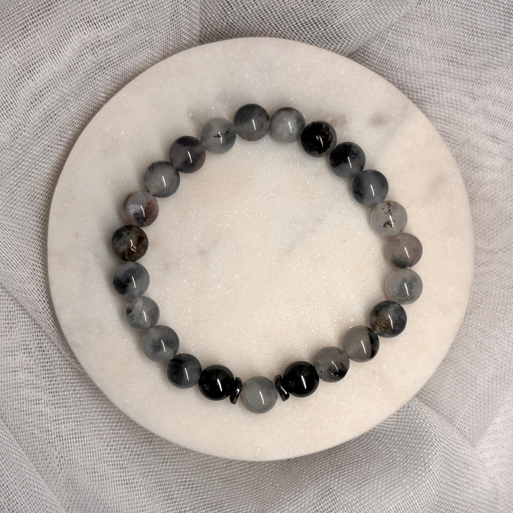 Armband aus natürlichen Edelsteinen - Grauer Jade mit Hämatit