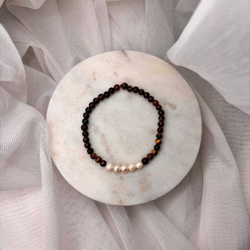Armband aus Edelsteinen - Tigerauge mit Perlen