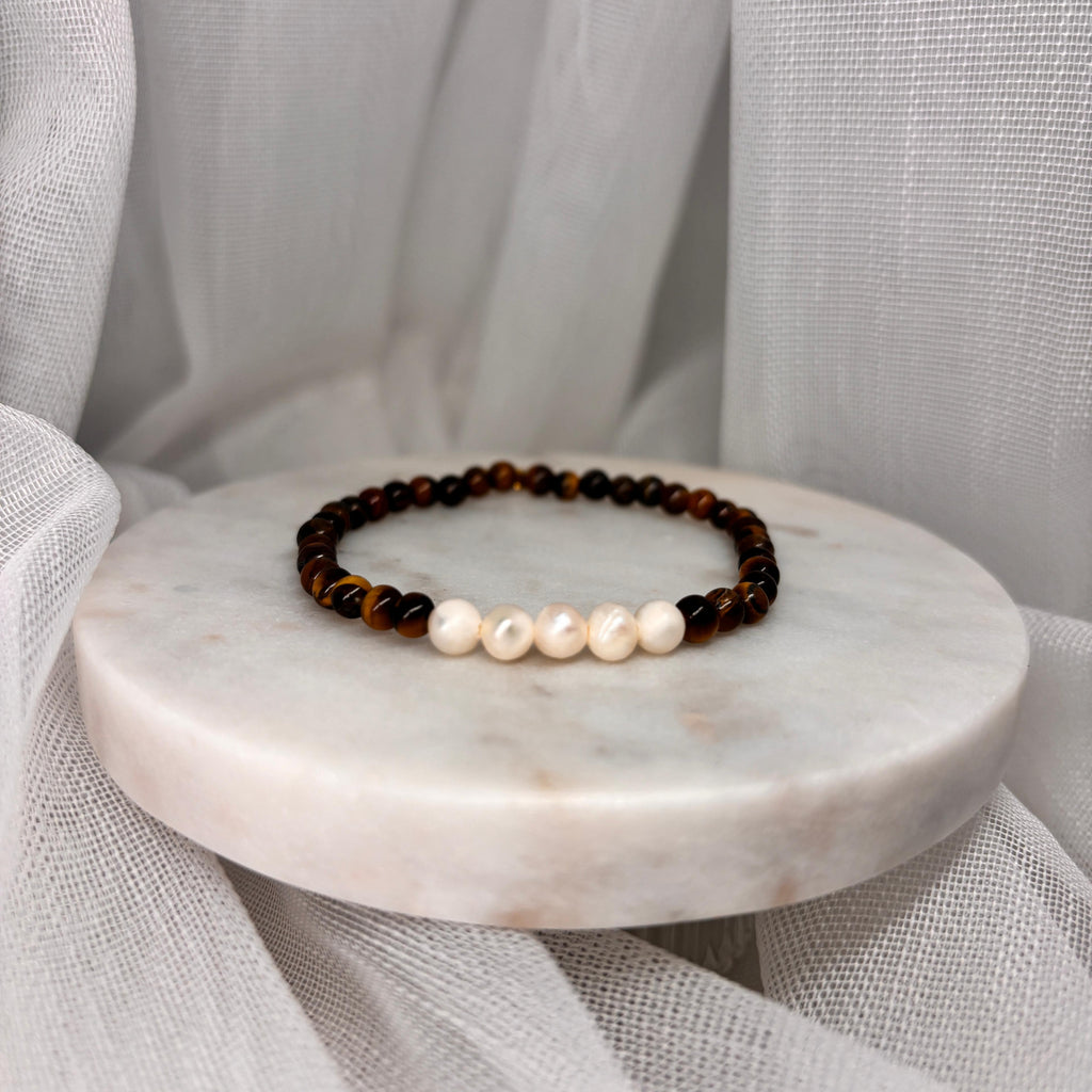 Armband aus Edelsteinen - Tigerauge mit Perlen