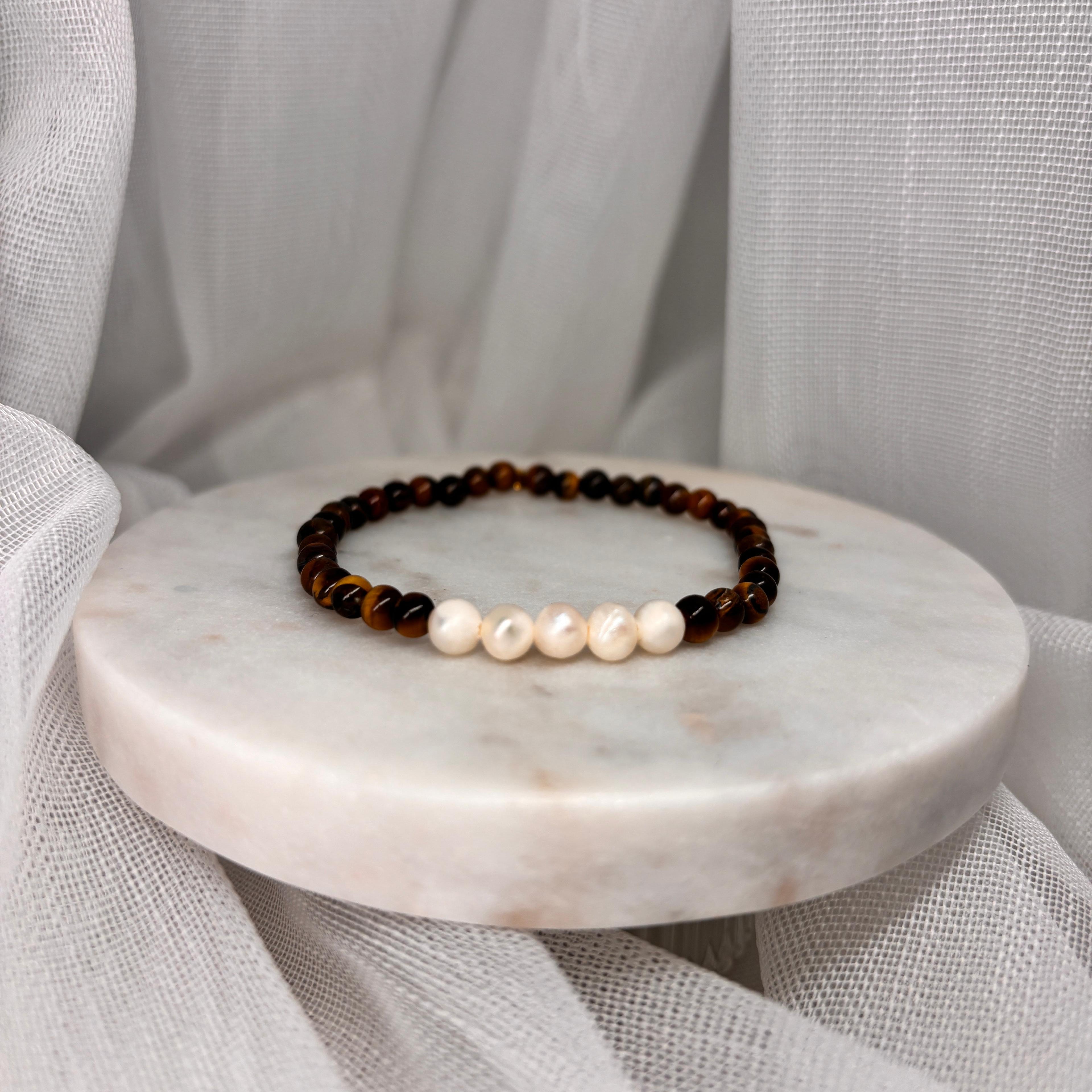 Armband aus Edelsteinen - Tigerauge mit Perlen